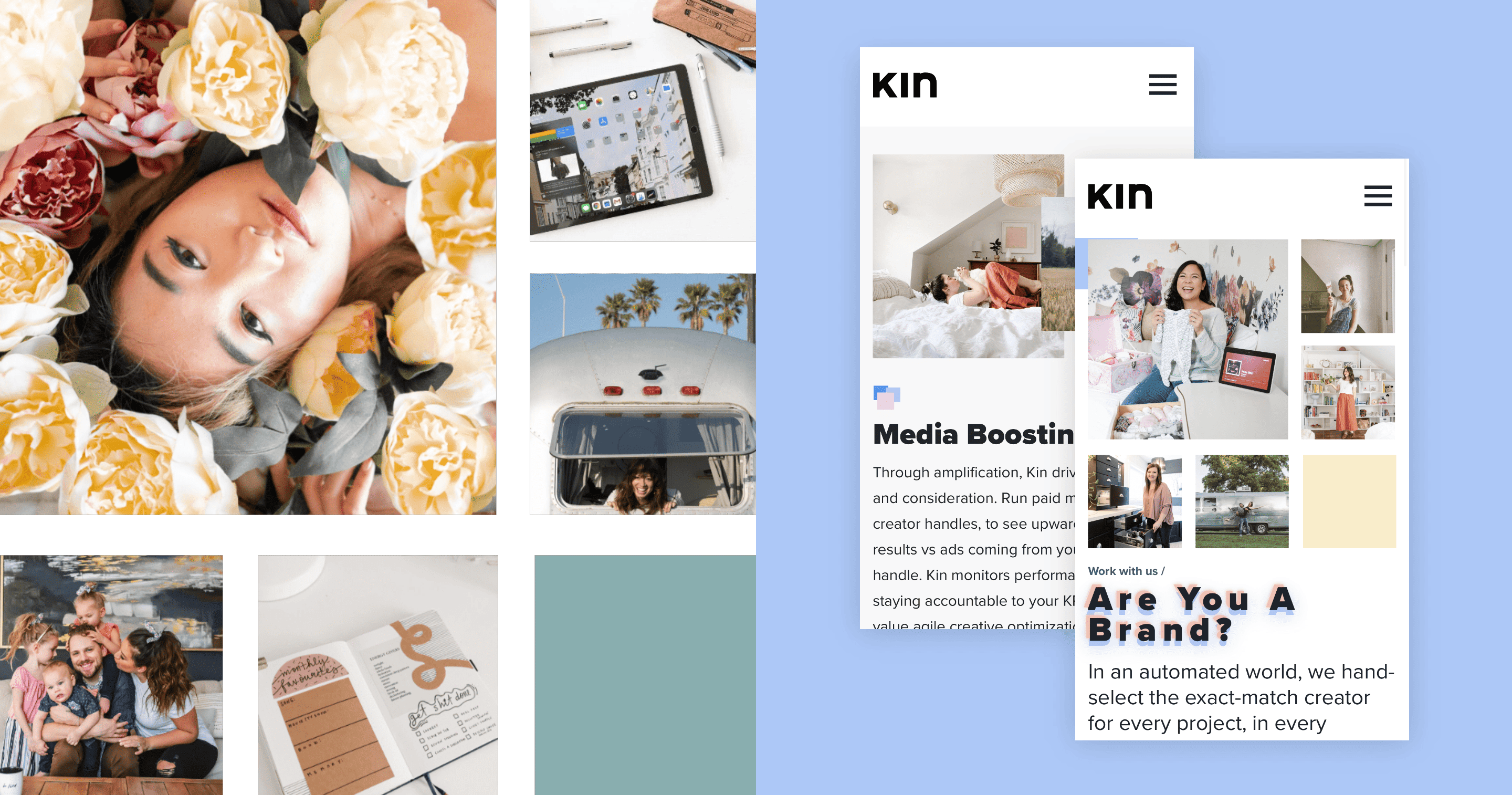 Screenshots of kin community on mobile and a mood board