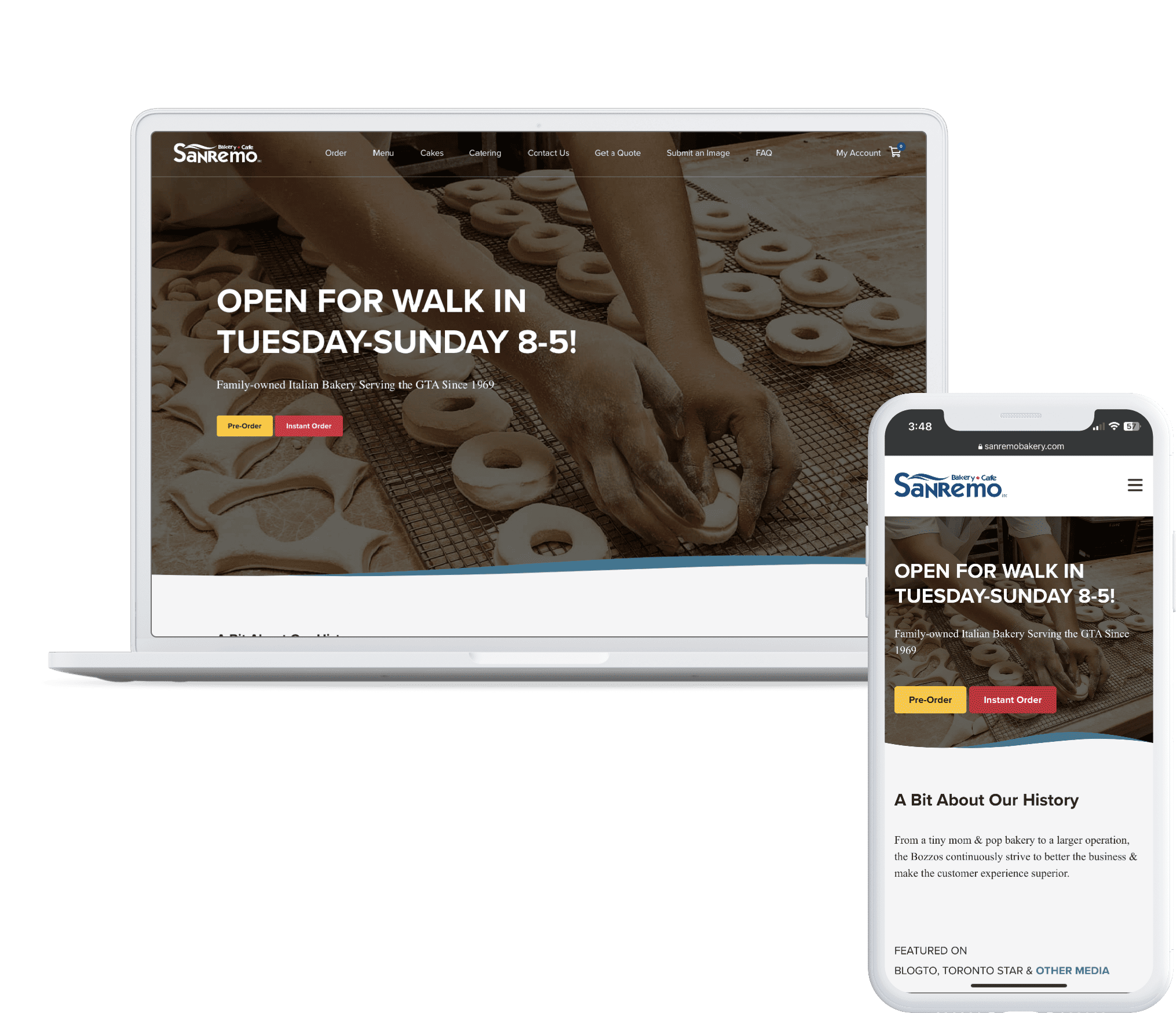 Desktop and Mobile phone screenshots and mockups for the Sanremo website