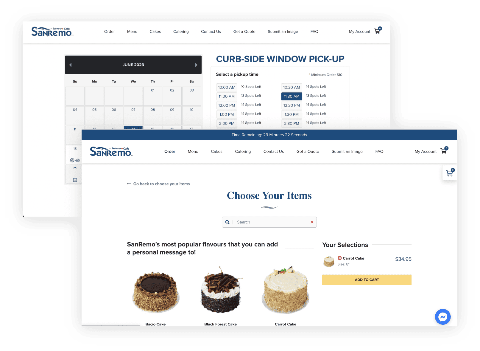 Screenshots of the order process for Sanremo Bakery