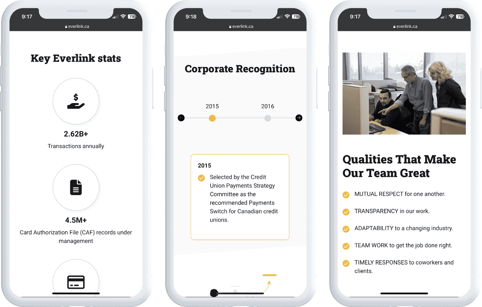 Screenshots of the Everlink website on mobile phones