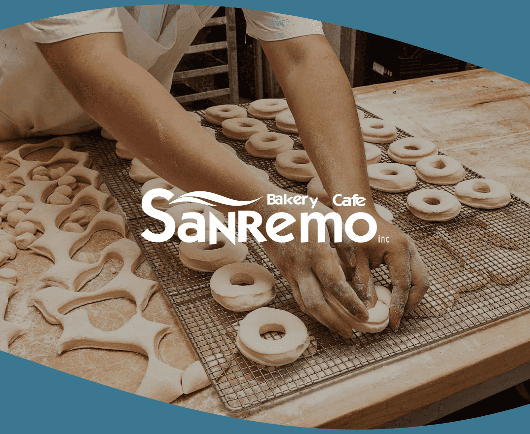 Graphic with Sanremo logo and a man making donuts in the background