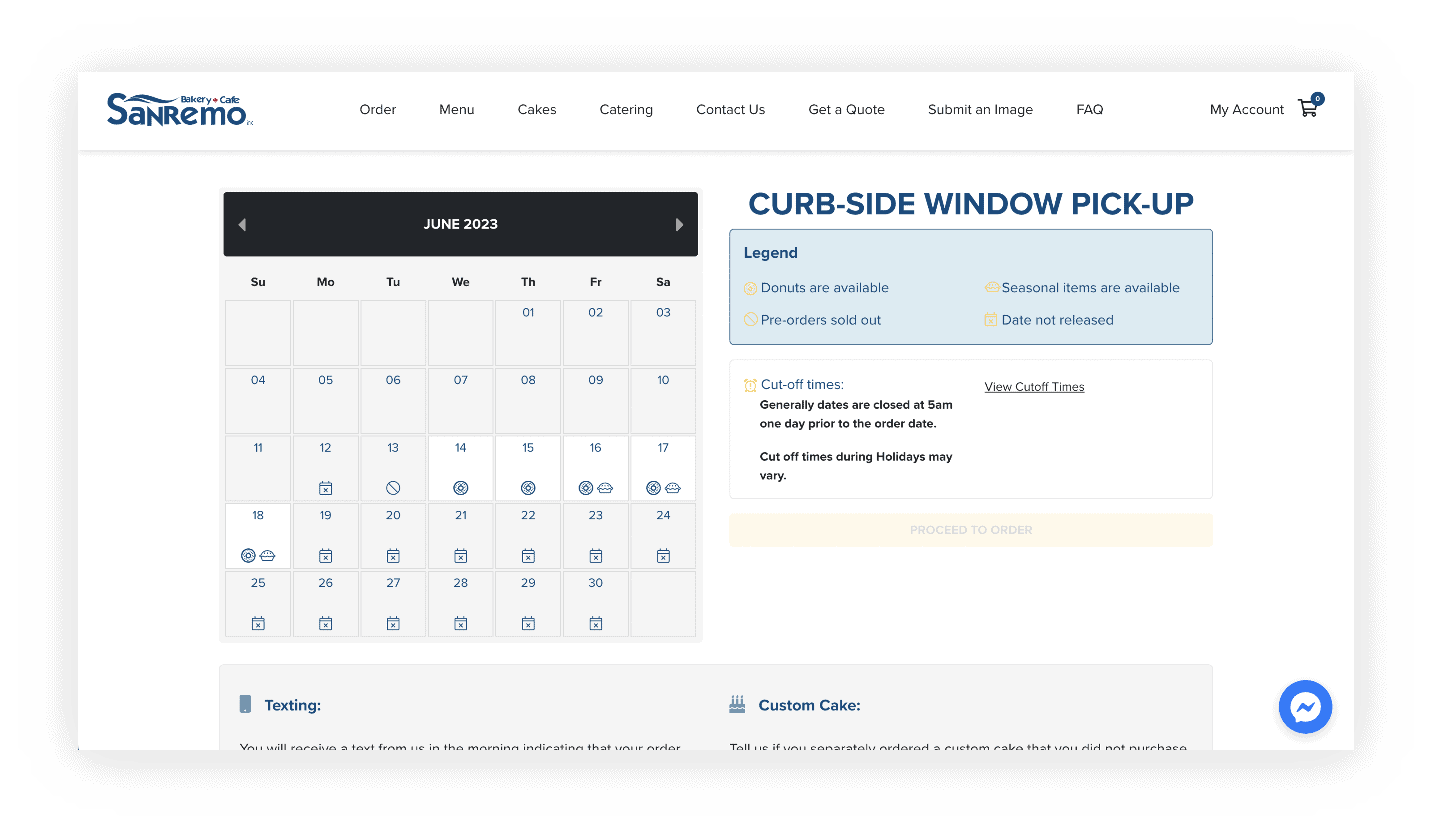 Screenshot of date selection interface for custom Sanremo Bakery website
