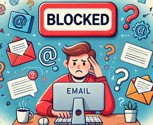 Image of man on a computer in distress, the word block appears above him